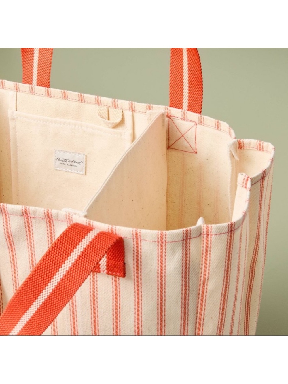 Canvas Strip Tote Bag with Orange handles hearth and hand